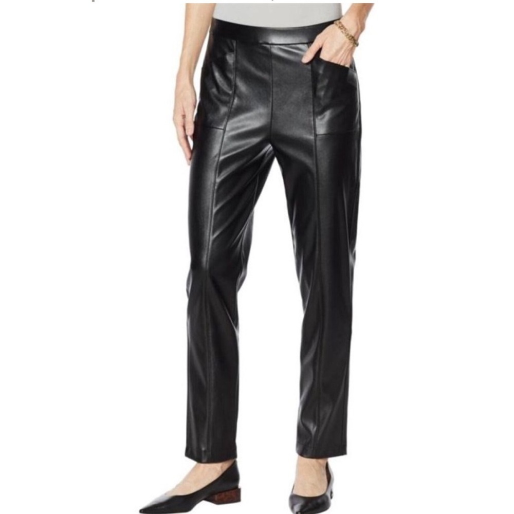 H Halston NWT Black Faux Leather Seamed Pull On Pants Size Medium